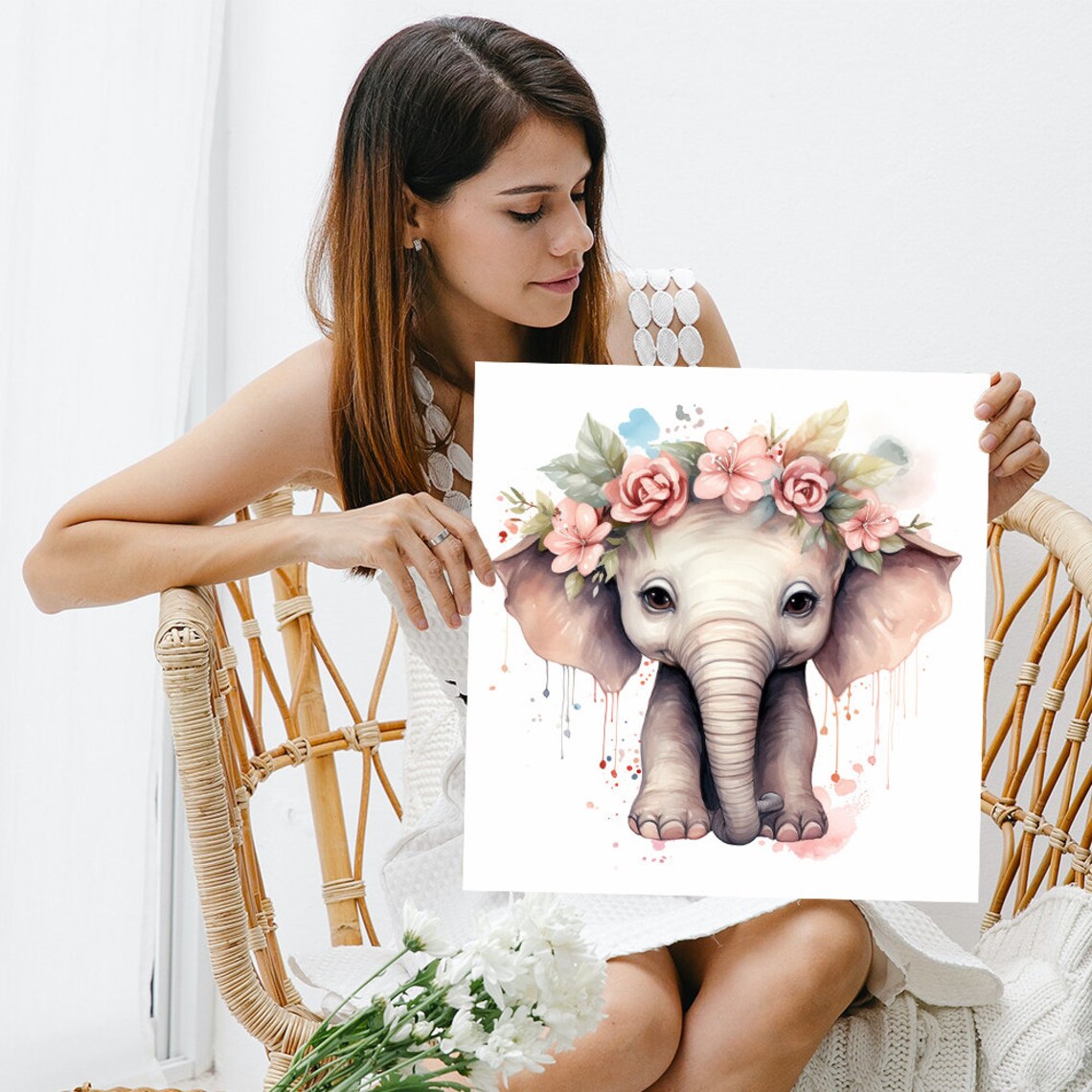 Baby Elephant Flower Crown Watercolor Soft Pink Nursery Poster - Image 3