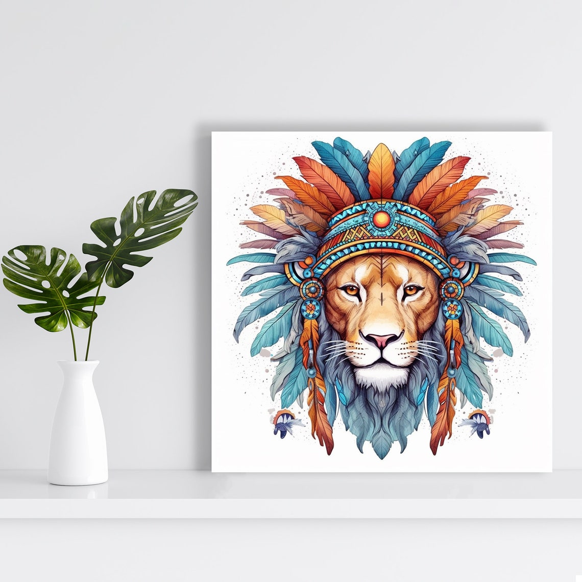 Tribal Lion Feather Headdress Bohemian Eclectic Animal Wall Art - Image 2