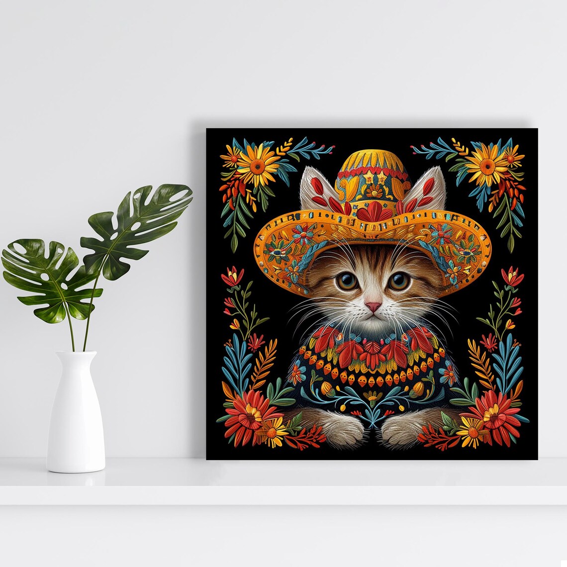 Fiesta Cat Fantasy, Whimsical Folk Bohemian Art Print - Image 2