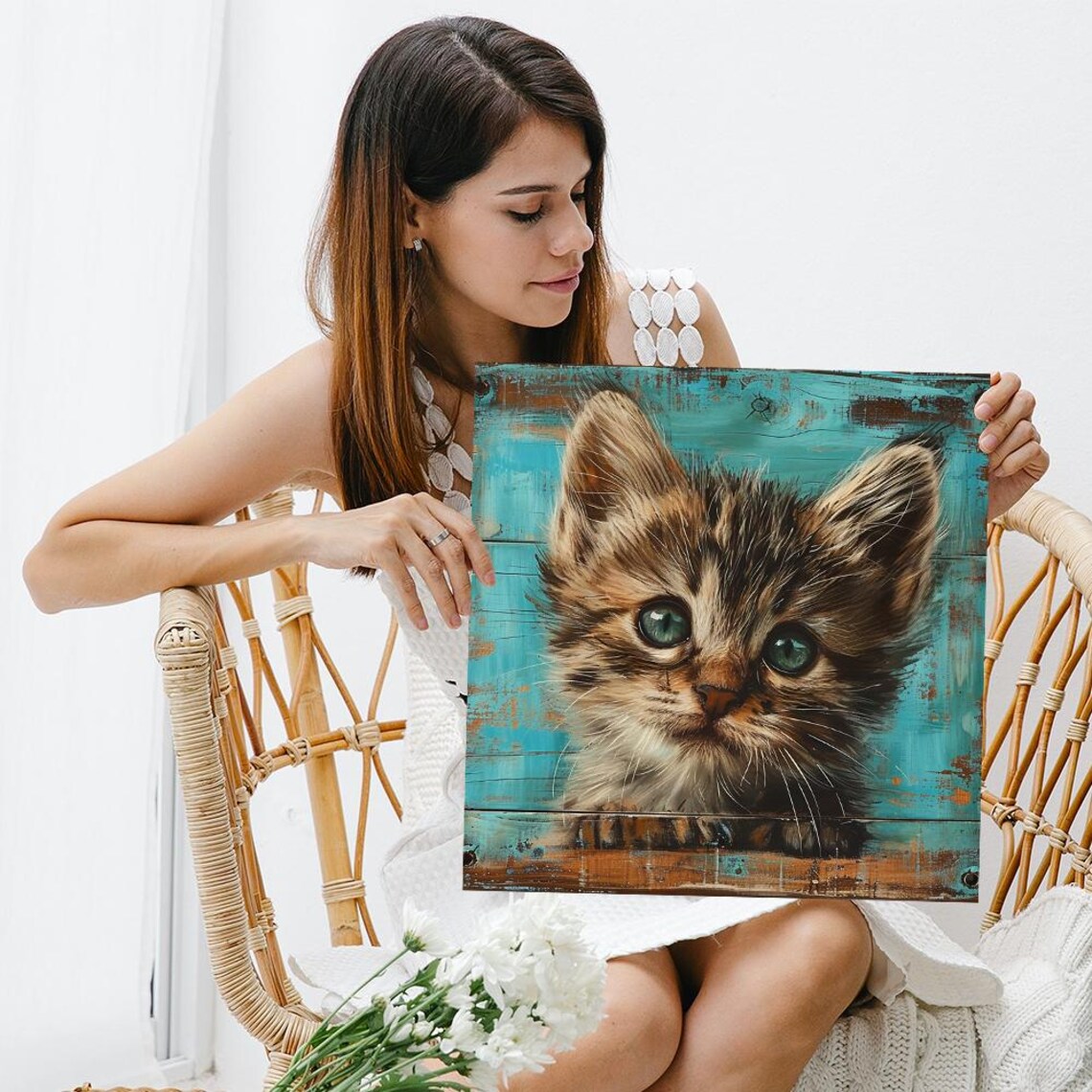 Adorable Tabby Kitten Big Green Eyes Rustic Teal Wood Animal Poster - Image 3