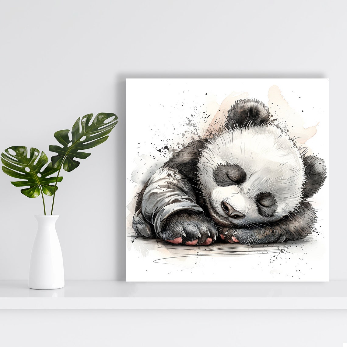 Sleeping Baby Panda Watercolor Soft Grey Cute Nursery Wall Poster - Image 2