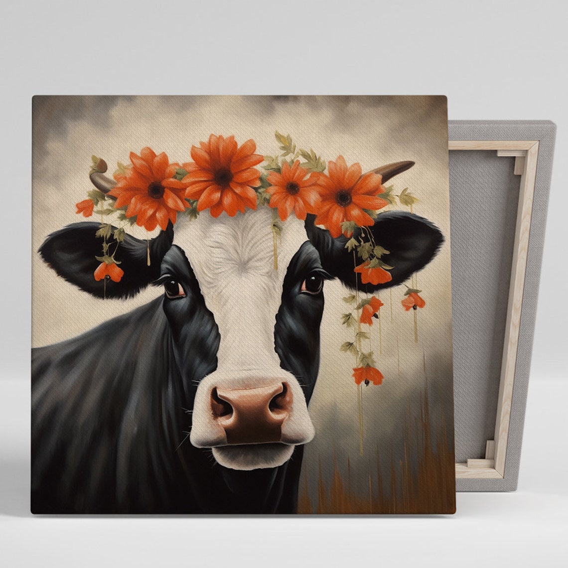 Black and White Cow Orange Flower Crown Rustic Farmhouse Poster