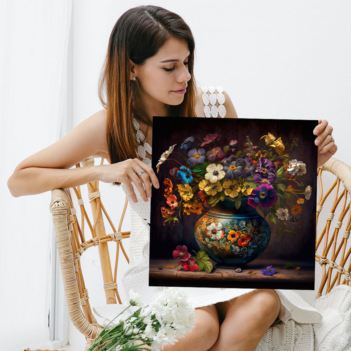 Colorful Pansy Bouquet Ornate Blue Ceramic Vase Floral Art Poster - Image 3