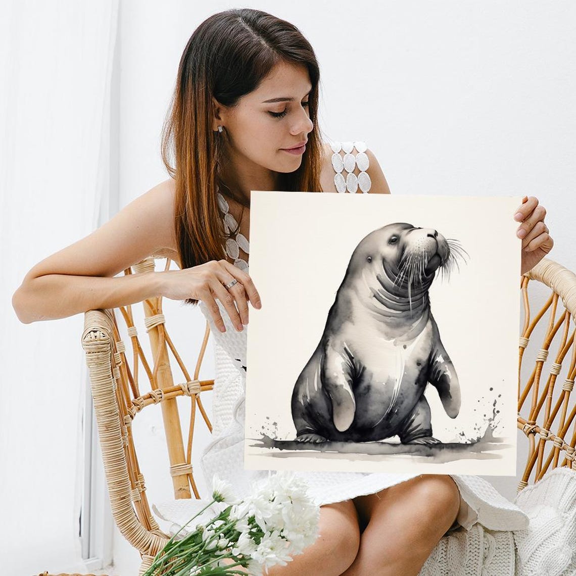 Serene Seal Watercolor Portrait Black White Soft Coastal Art Poster - Image 3