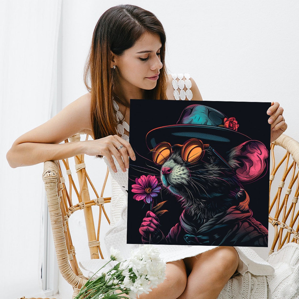 Dapper Mouse Neon Sunglasses Bowler Hat Rose Retro Night Pop Poster - Image 3