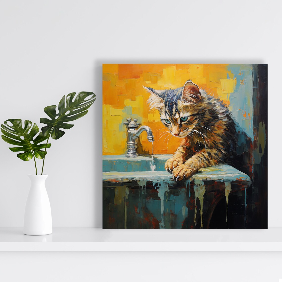 Curious Tabby Kitten At The Faucet Poster Painterly Cat Bathroom Wall Art - Image 2