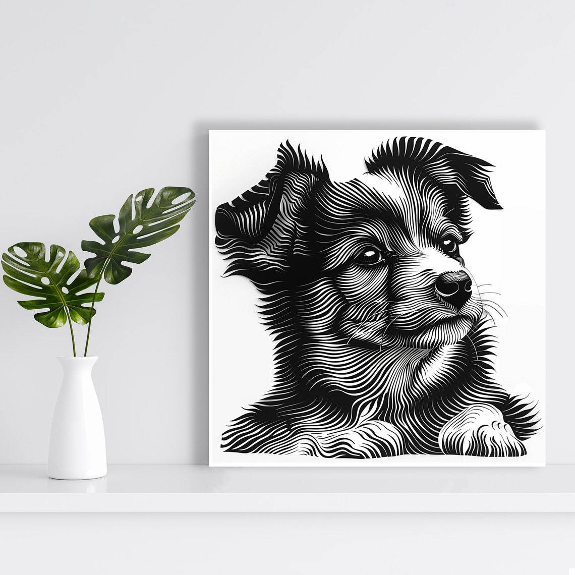 Striped Puppy Line Art Black White Engraved Detail Animal Wall Poster - Image 2