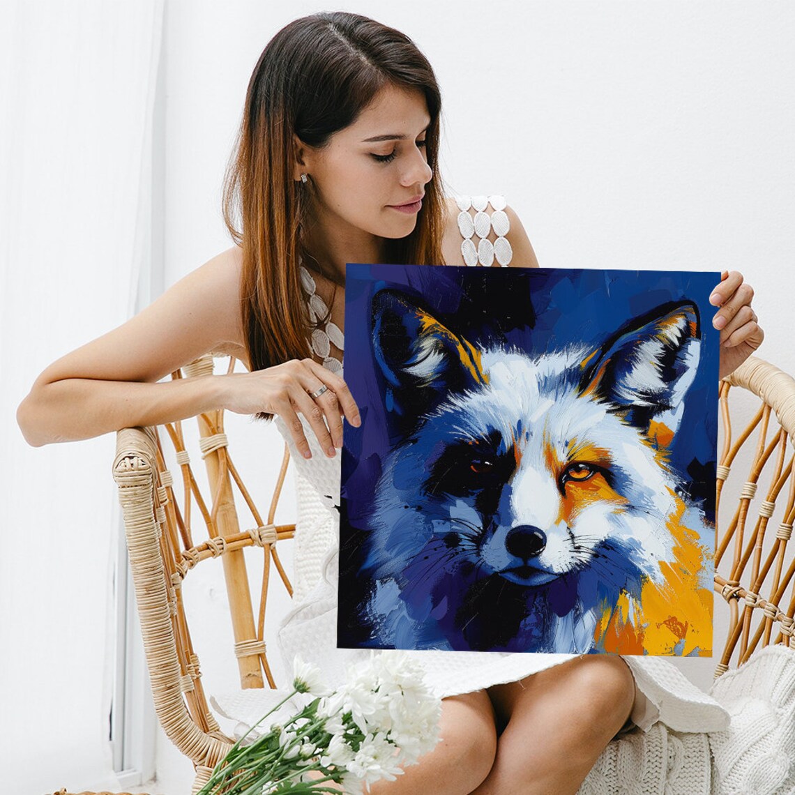 Fox Portrait Blue Orange Dramatic Oil Paint Style Wildlife Wall Art Print - Image 3