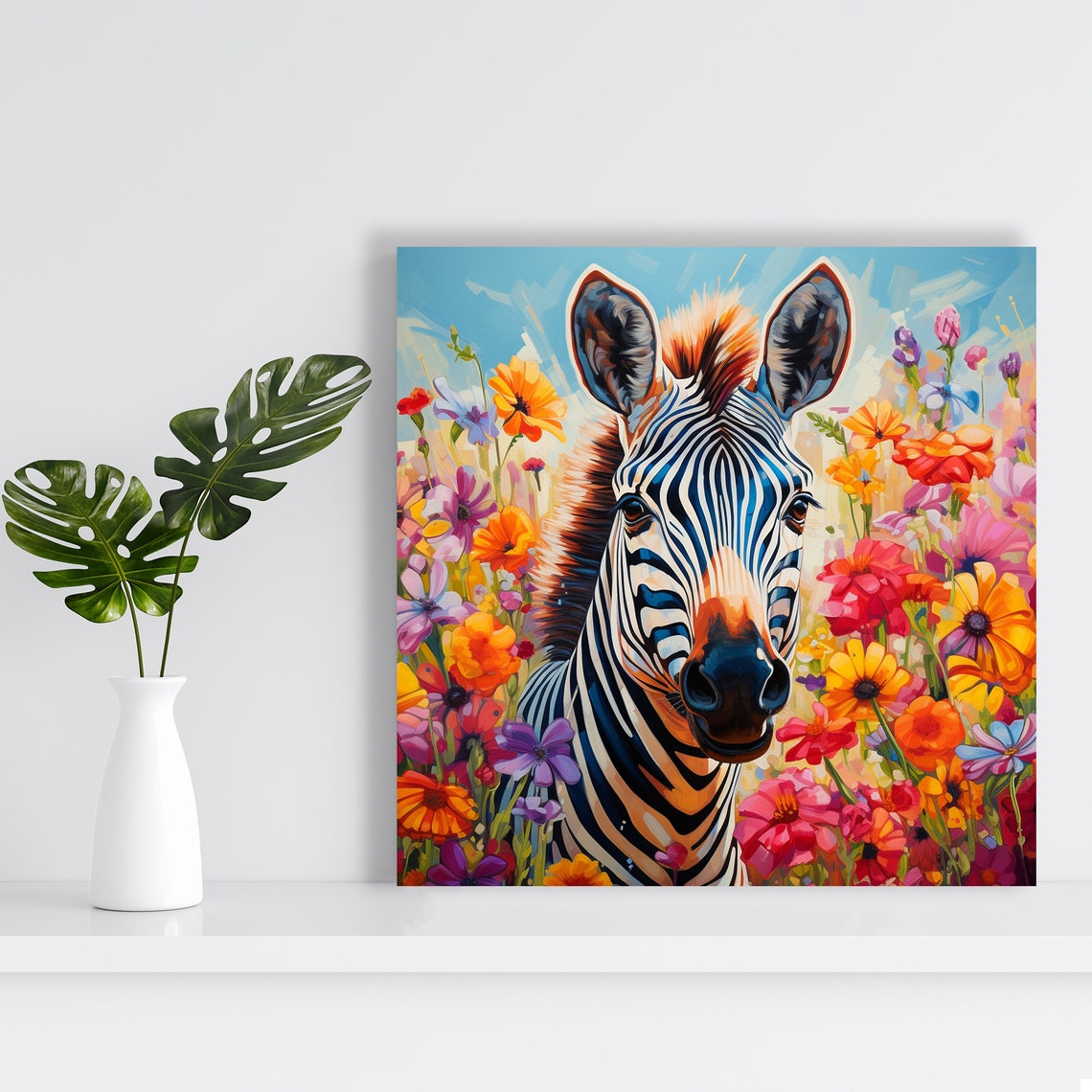 Zebra Among Blooming Wildflowers Colorful Meadow Portrait Wall Poster - Image 2