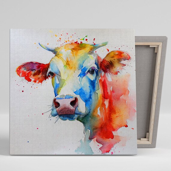 Vibrant Bovine Splash Art Or Poster Abstract Animal Decor Kitchen Dining Room Office Wall Art Blue Red Yellow Orange Contemporary