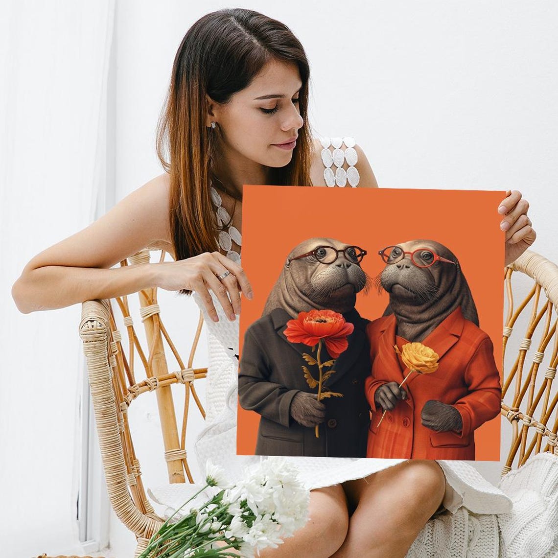 Dapper Walrus Couple Glasses Flowers Suits Orange Background Poster - Image 3