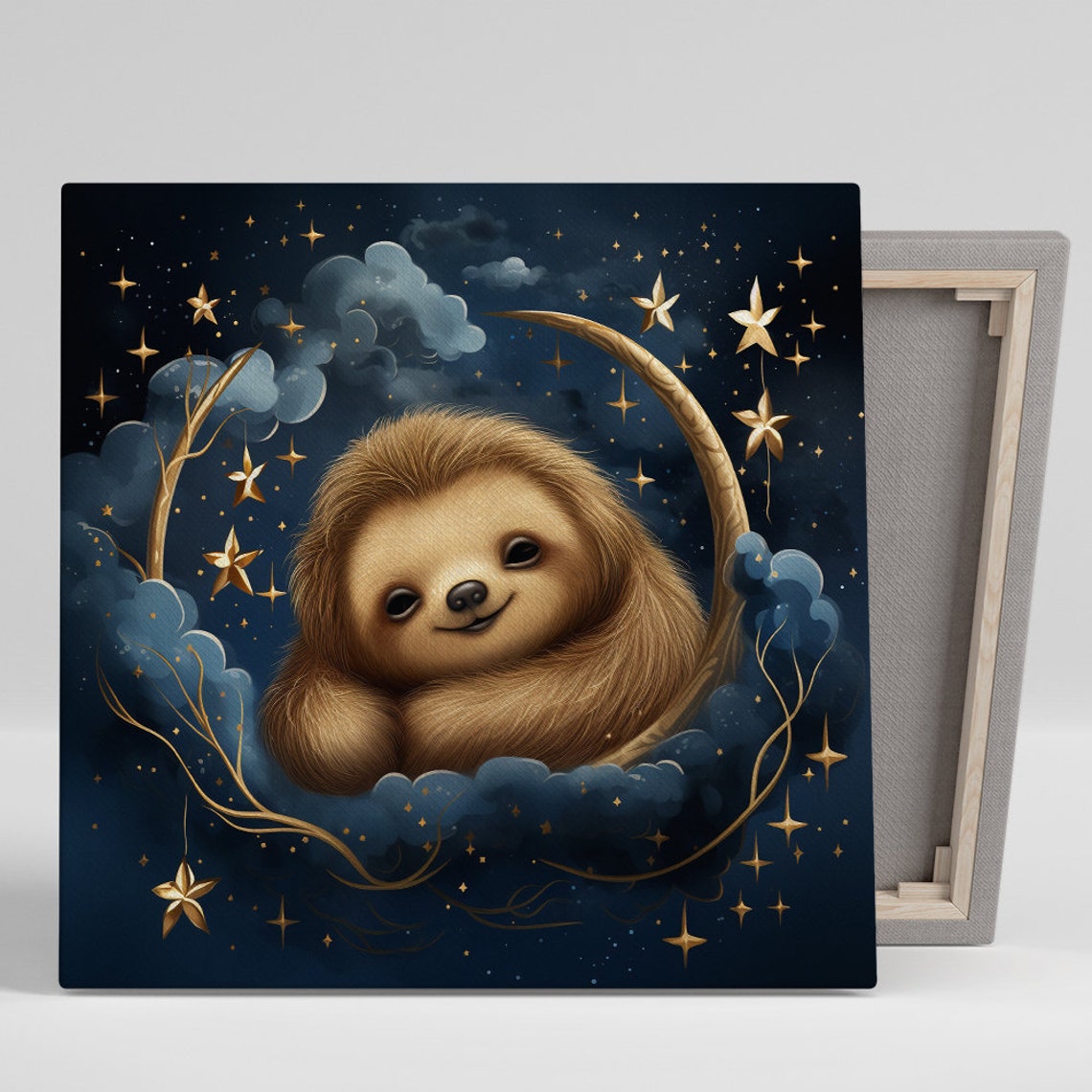 Sleeping Sloth Crescent Moon Night Sky Whimsical Nursery Decor Poster