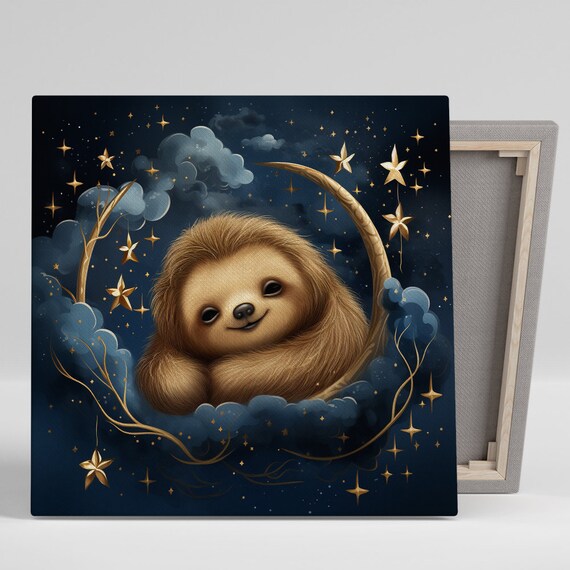 Sleeping Sloth Crescent Moon Night Sky Whimsical Nursery Decor Poster