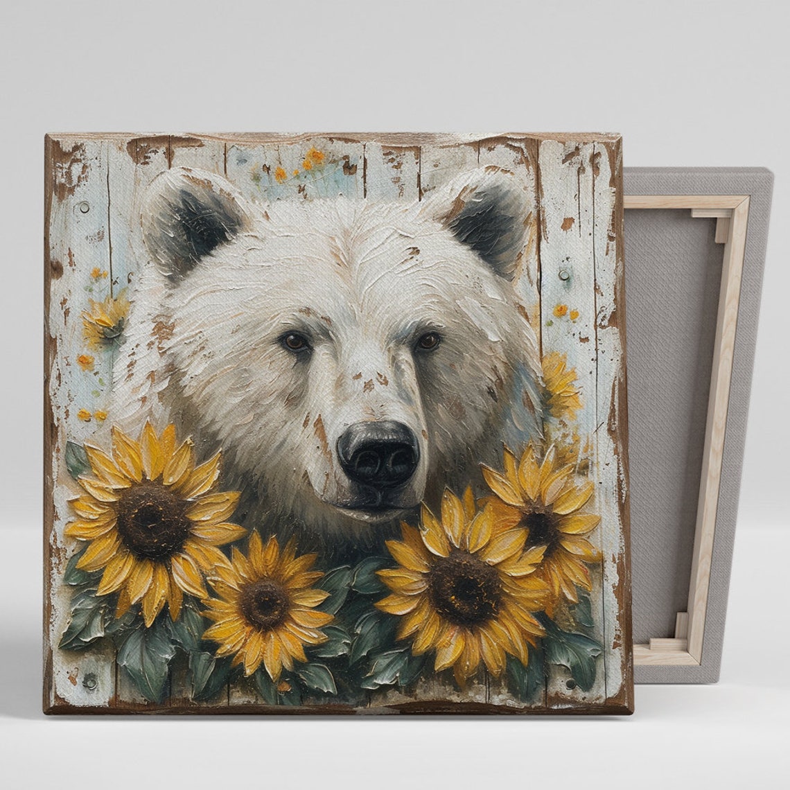 White Polar Bear Face Among Golden Sunflowers Rustic Woodland Poster