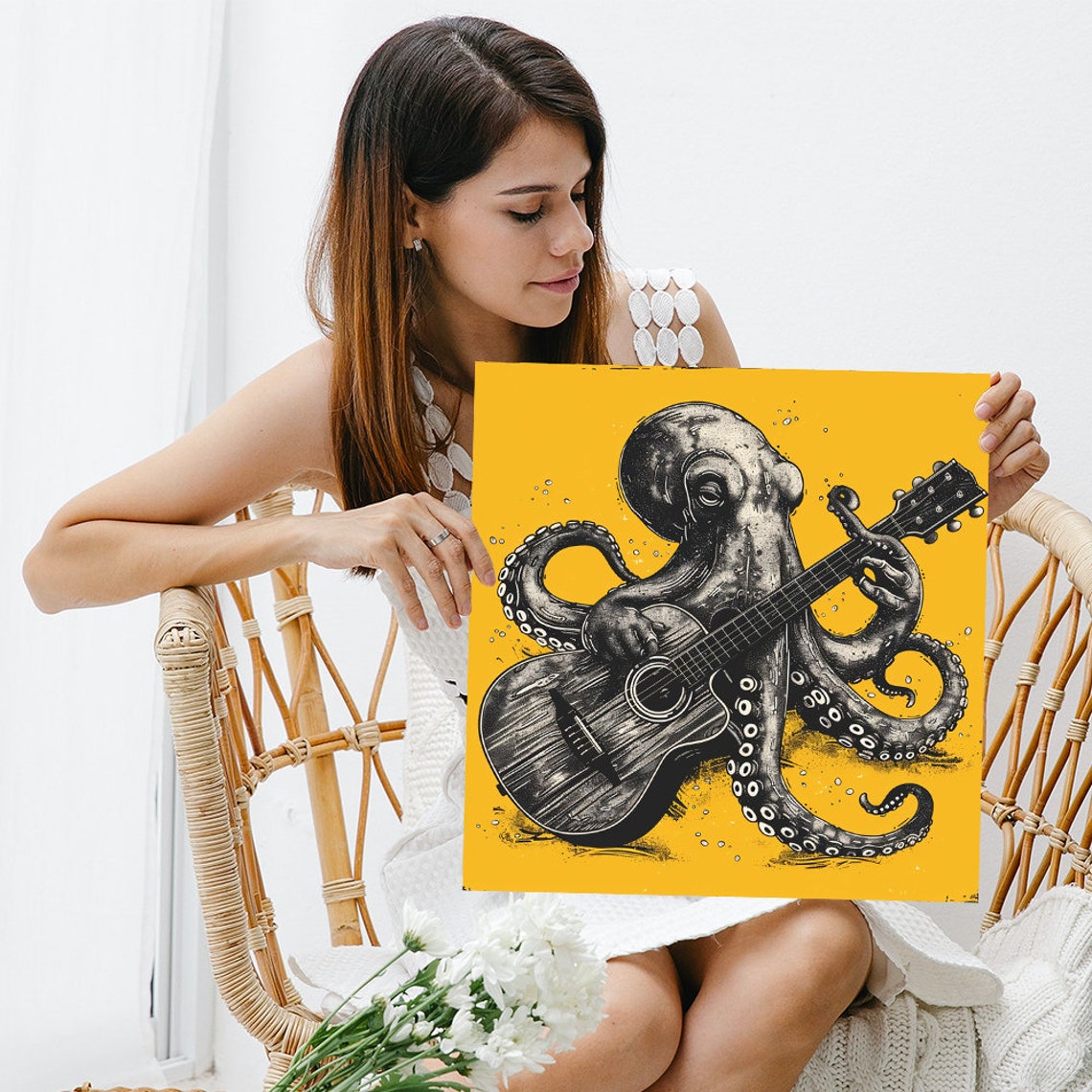 Octopus Playing Guitar Surreal Ink Art Mustard Yellow Wall Poster - Image 3