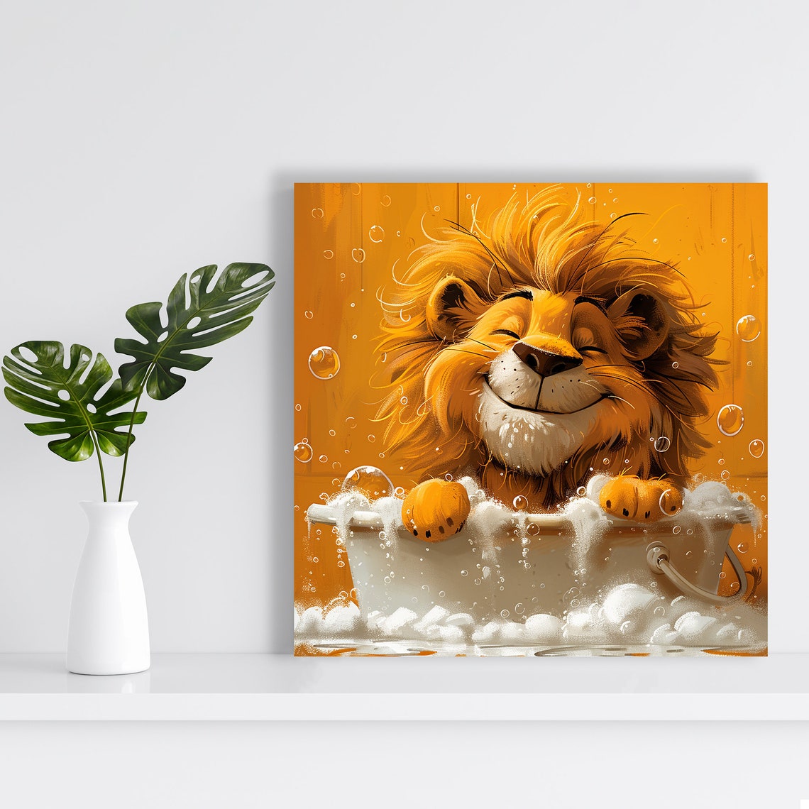 Happy Lion Bubble Bath Cartoon Cute Golden Whimsical Wall Poster - Image 2