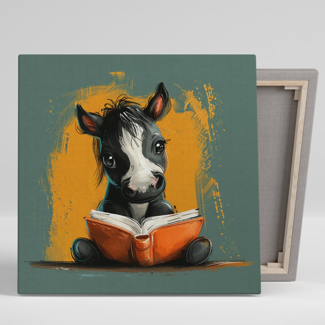 Whimsical Pony Reading Book Orange Splash Kids Nursery Wall Poster