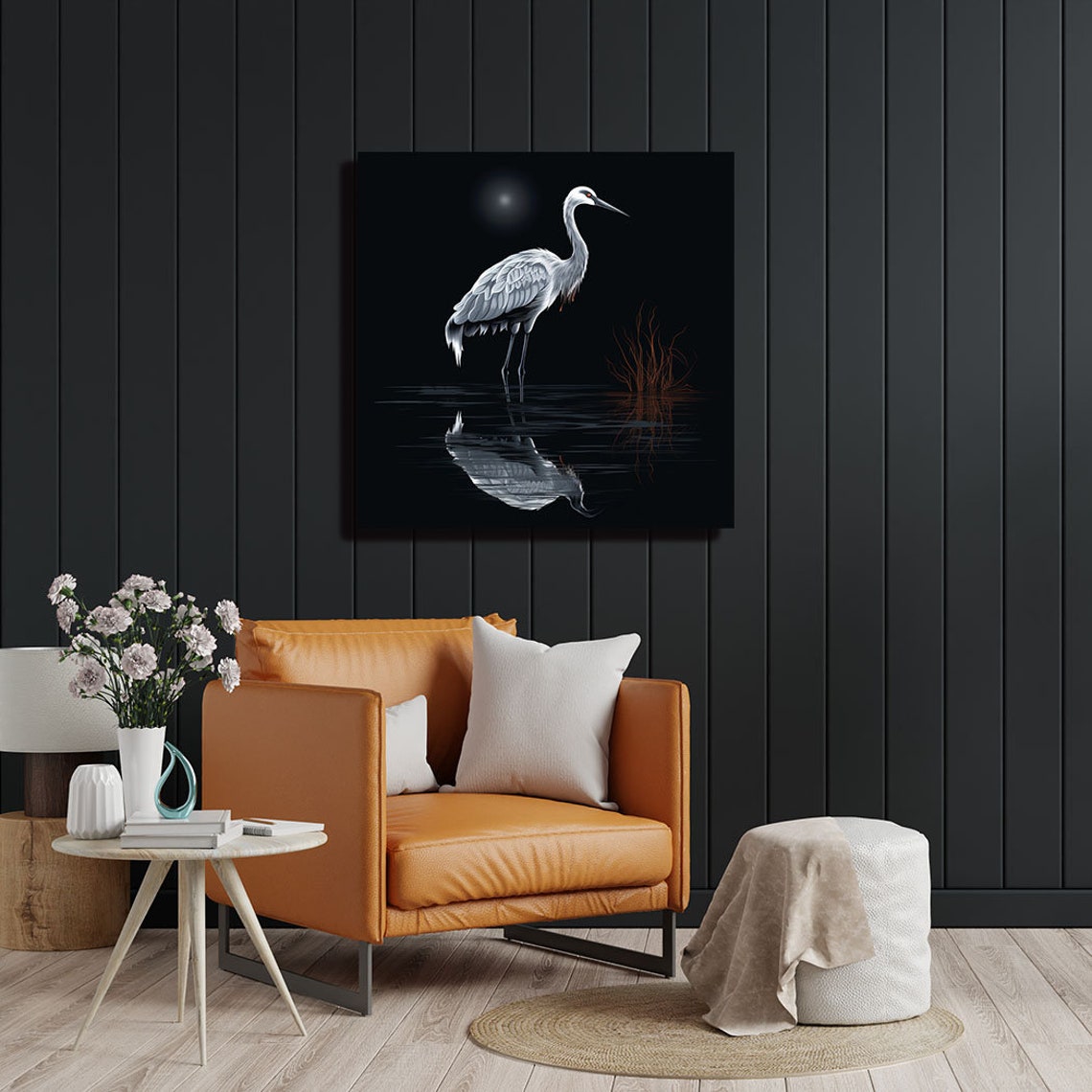 White Heron Standing In Dark Moonlit Water Reflection Art Poster - Image 2
