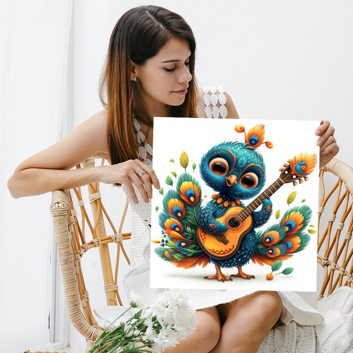 Cute Baby Peacock Playing Guitar Blue Orange Nursery Music Poster - Image 3