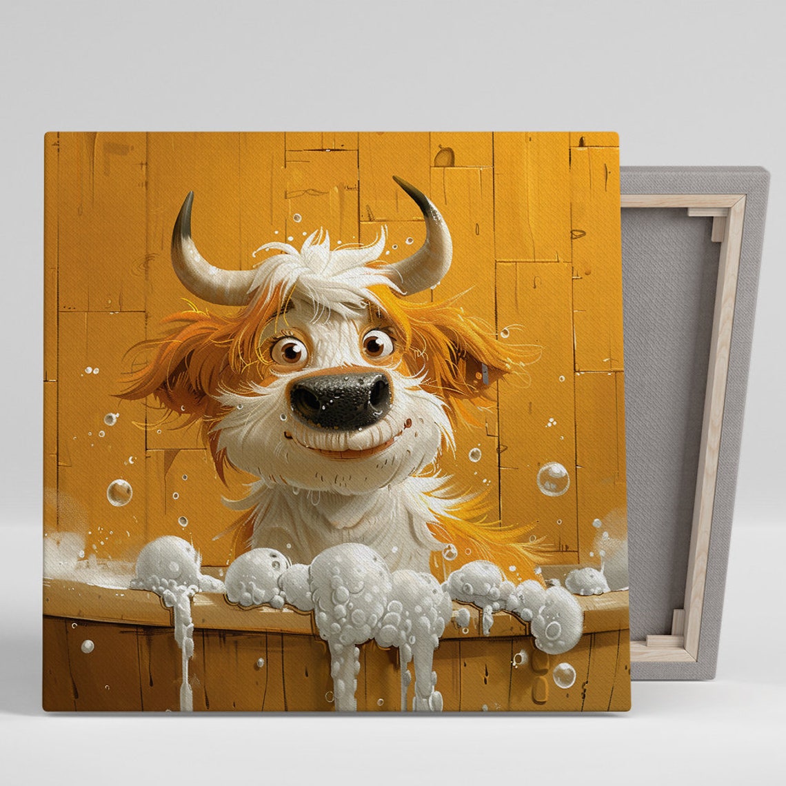 Highland Cow Bubble Bath Tub Cute Whimsical Animal Wall Poster