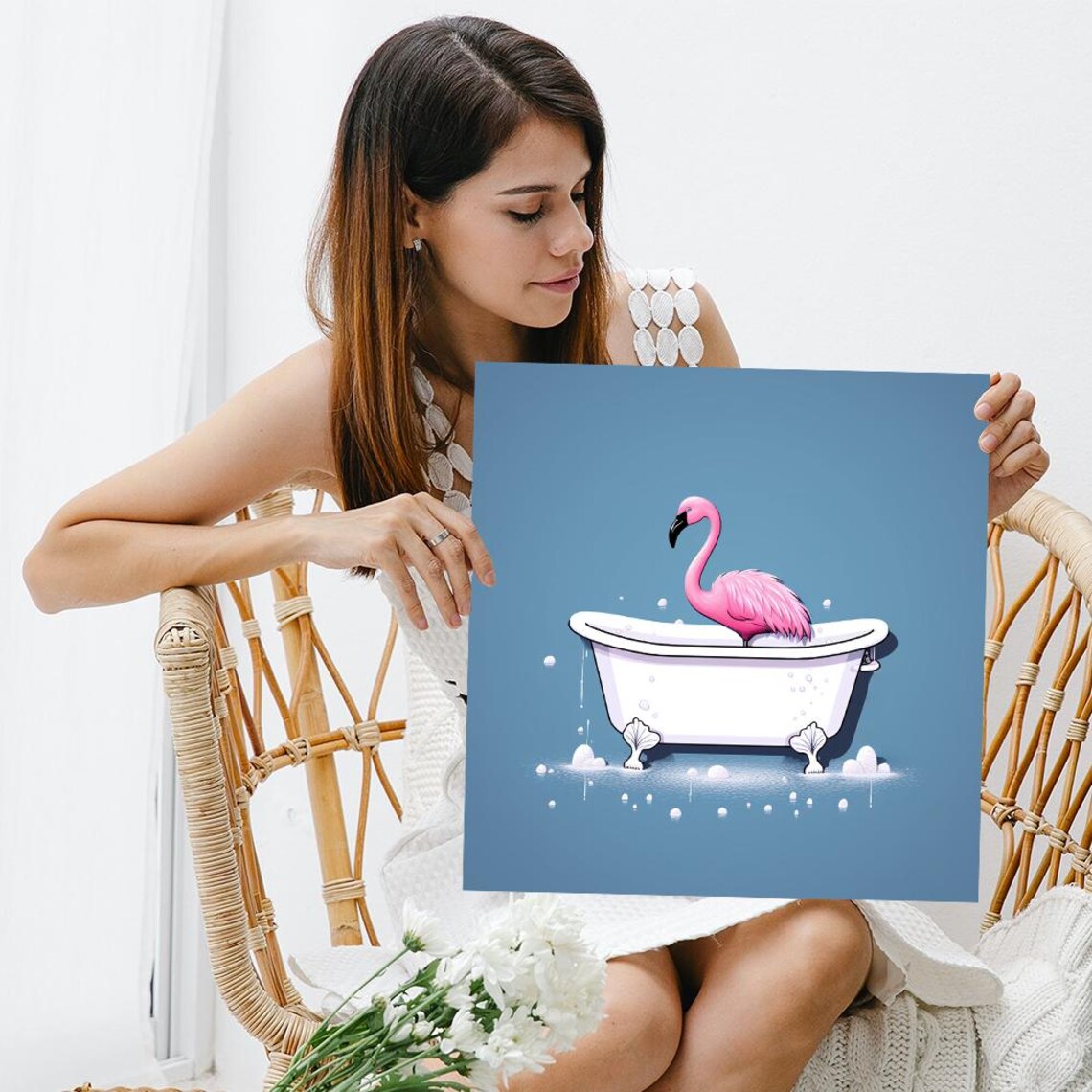 Pink Flamingo Bathing in White Tub Bubbles Blue Bathroom Wall Poster - Image 3