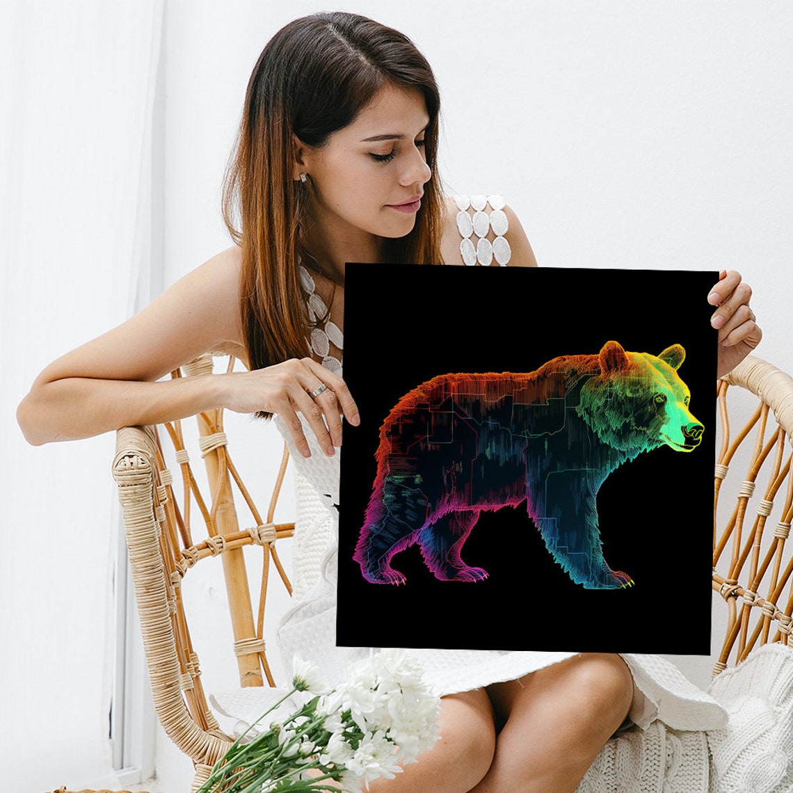 Neon Bear Line Art Black Background Modern Multicolor Wall Poster - Image 3