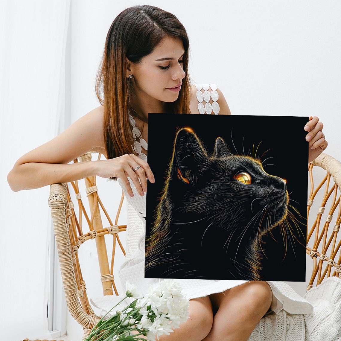 Black Cat Golden Eyes Glowing Dark Minimalist Modern Wall Poster - Image 3