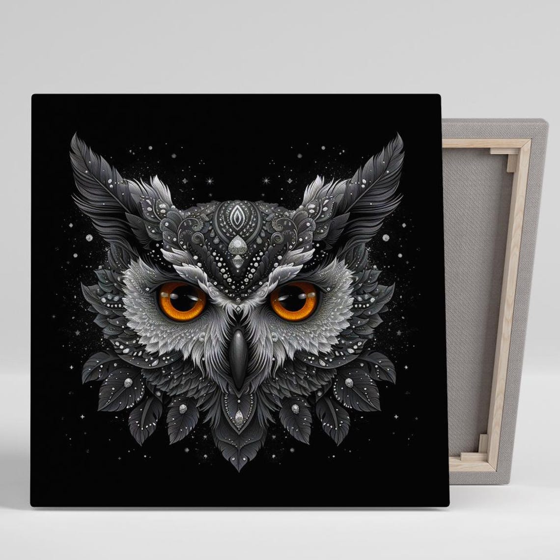 Mystical Black Owl Face With Glowing Orange Eyes Gothic Art Poster
