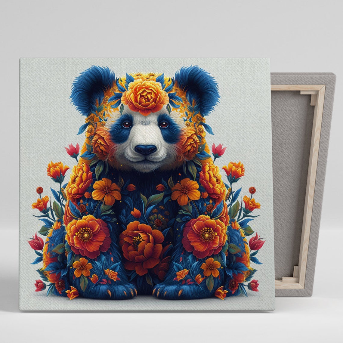 Vibrant Panda Covered in Blue Orange Flowers Folk Art Wall Poster