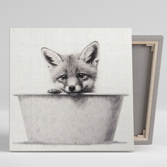 Cute Fox Cub Peeking Over Bucket Grayscale Minimalist Wall Art Print