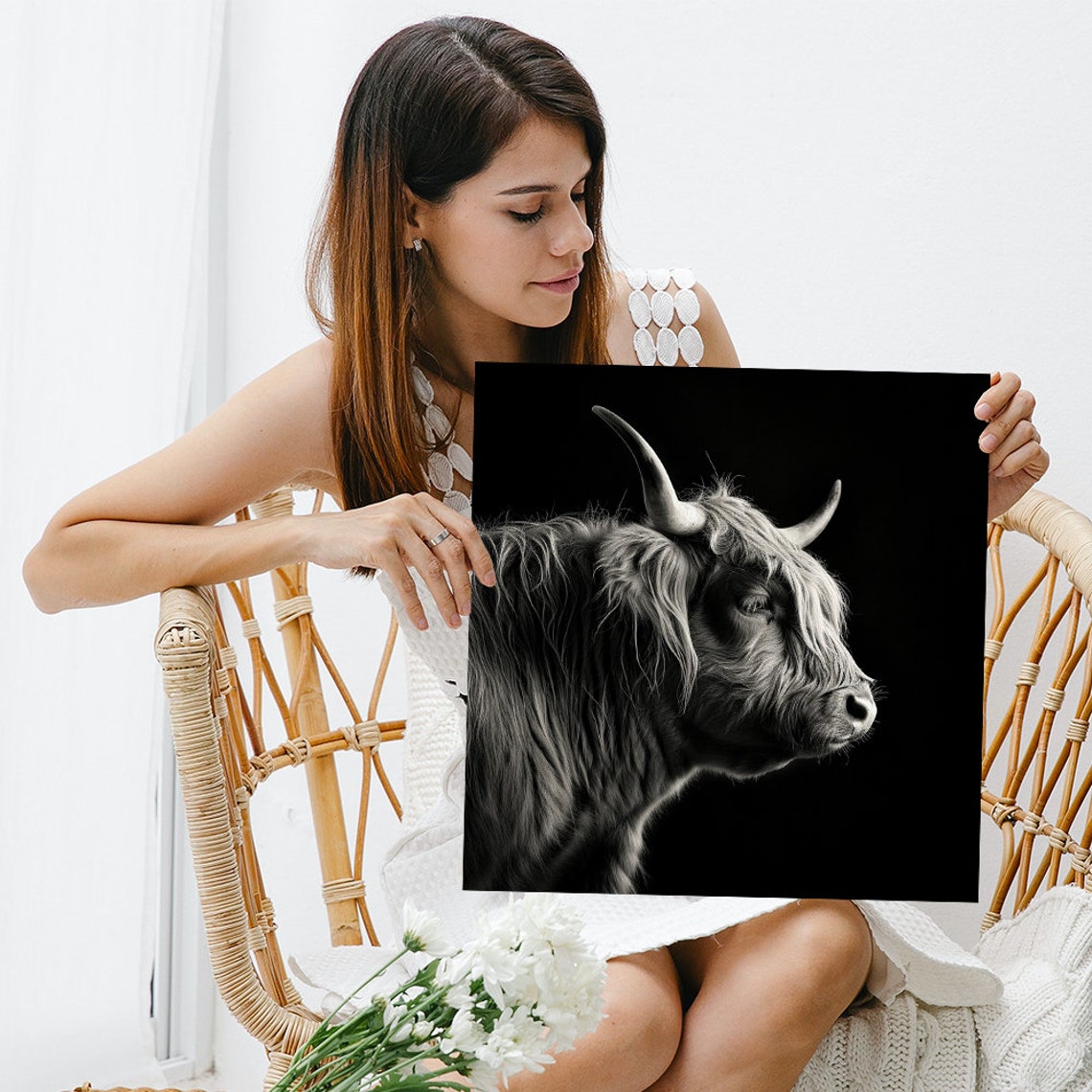 Highland Cow Black White Profile Dramatic Minimalist Wall Art - Image 3