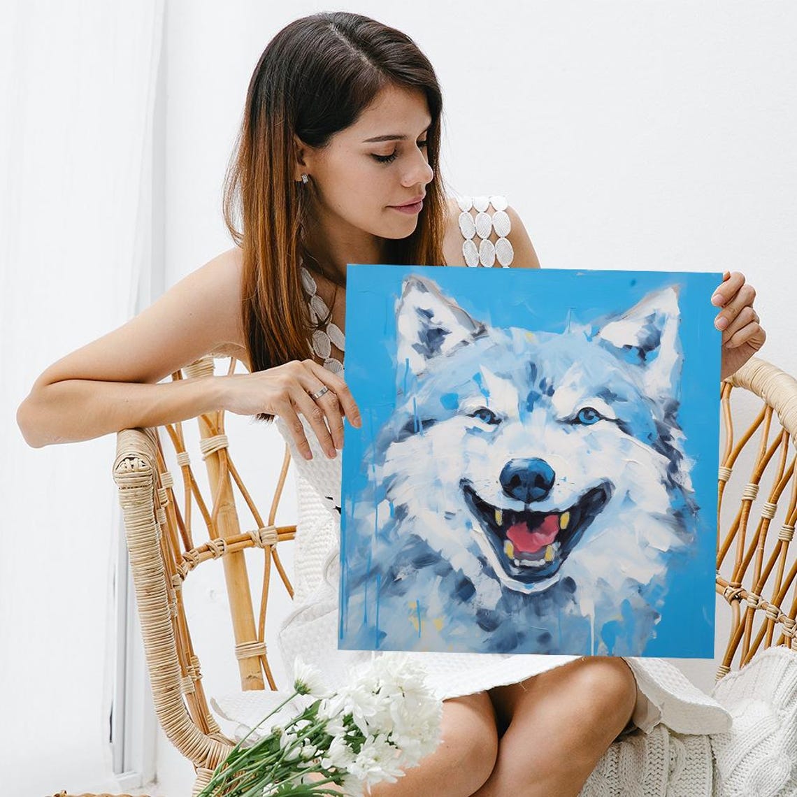 Smiling White Husky Wolf Dog Joyful Portrait Blue Pop Art Wall Poster - Image 3