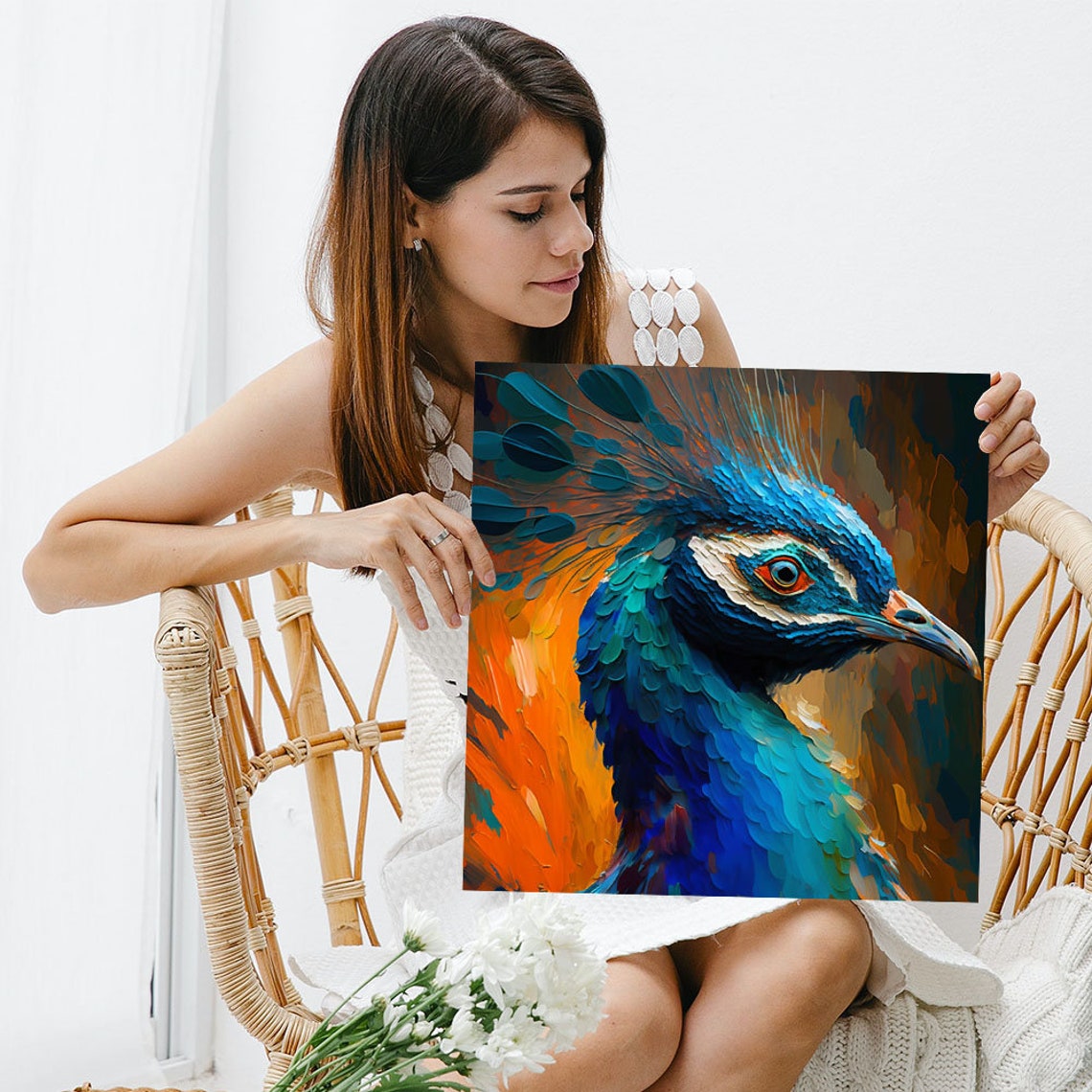 Peacock Head Impasto Orange Blue Bold Expressive Bird Portrait Poster - Image 5