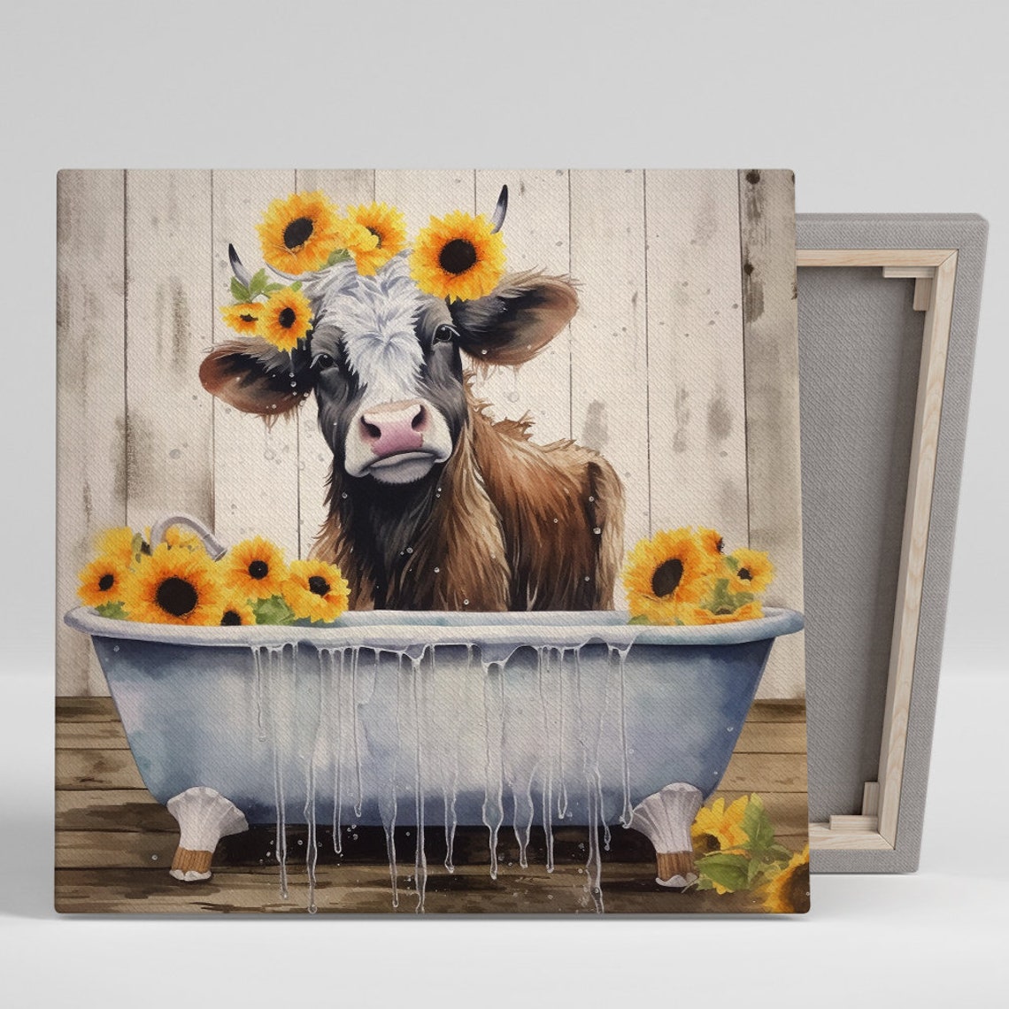 Highland Cow Bathing With Sunflowers Bathtub Rustic Farmhouse Poster