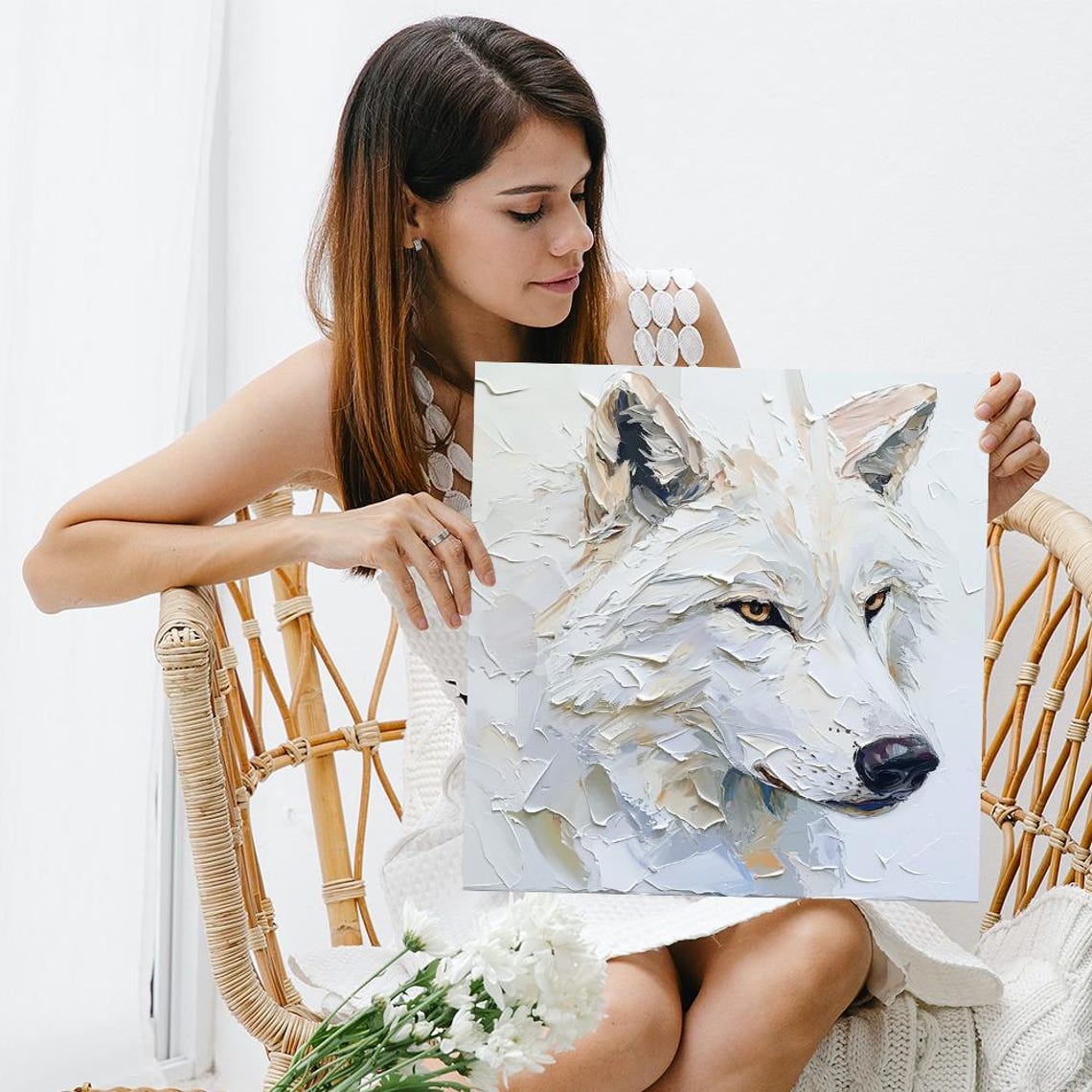 White Wolf Impasto Oil Painting Minimalist Elegant Wildlife Art Poster - Image 3