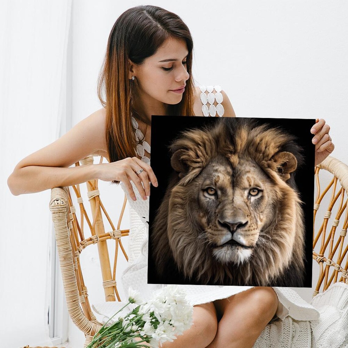 Majestic Lion Close-Up Portrait Brown Mane Black Background Wall Art Poster - Image 3