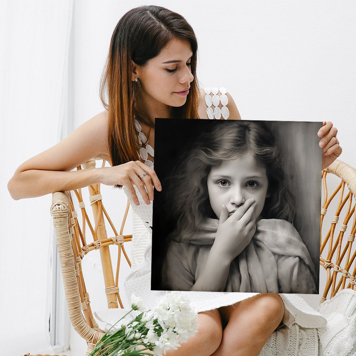 Bashful Vintage Sepia Girl Covering Mouth Funny Bathroom Art Poster - Image 5