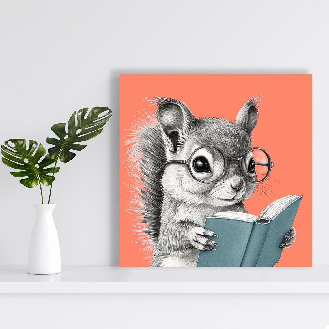 Scholarly Squirrel Reading Book Poster Cute Squirrel With Glasses Coral Print - Image 2