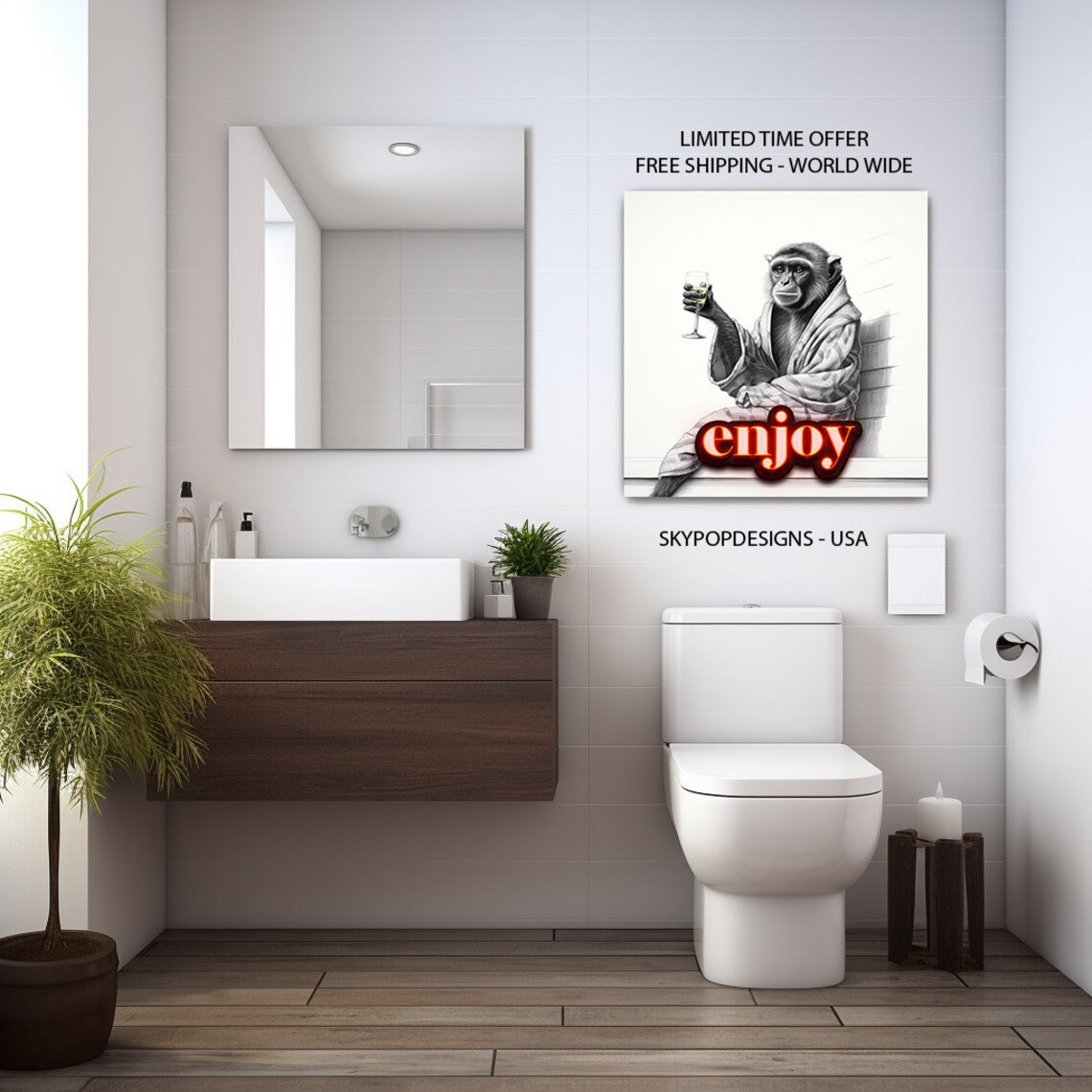 Monkey In Bathrobe Holding Wine Glass With Neon Enjoy Sign Funny Art Poster - Image 2
