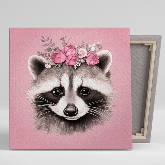 Cute Raccoon Floral Rose Crown Pink Nursery Woodland Animal Art Poster