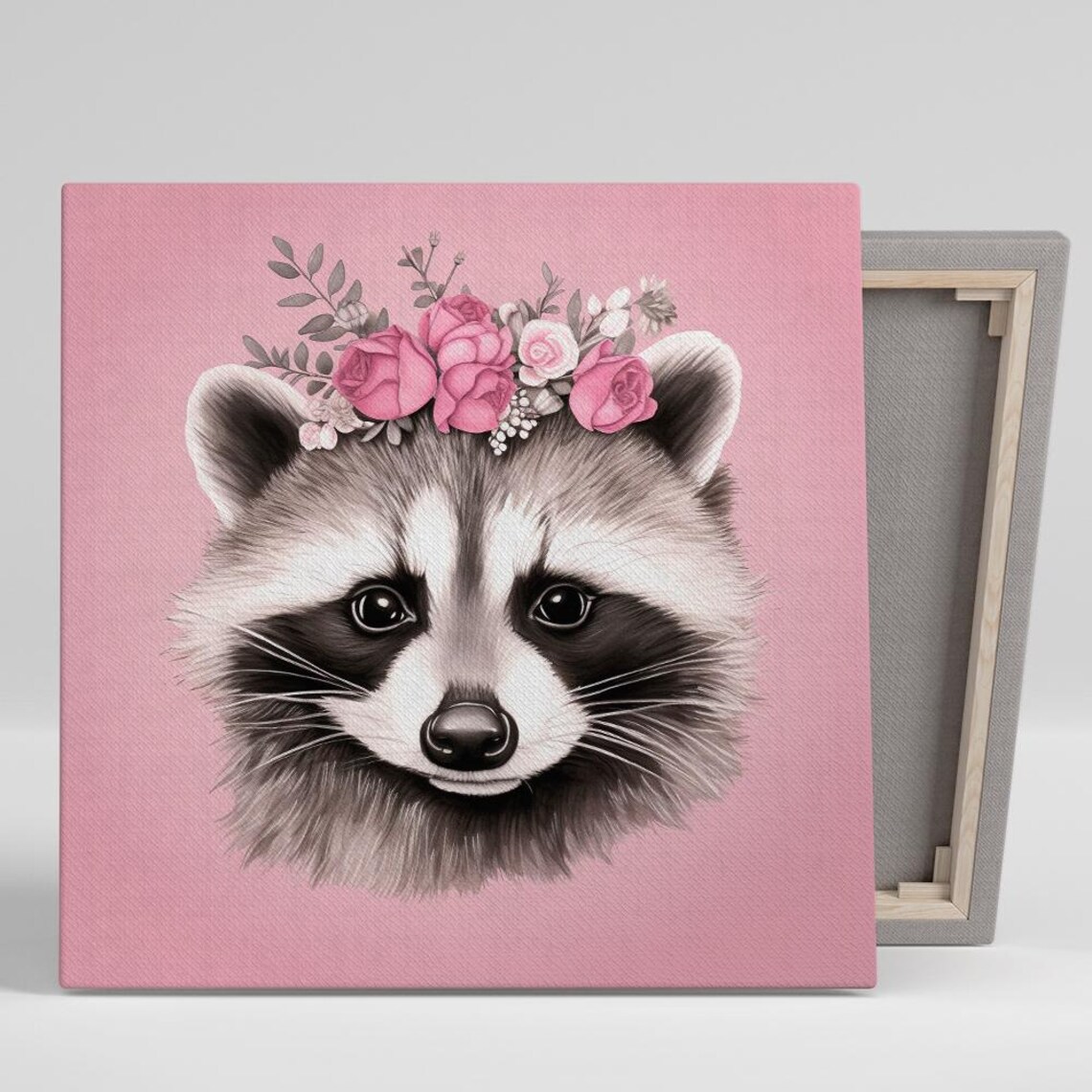 Cute Raccoon Floral Rose Crown Pink Nursery Woodland Animal Art Poster