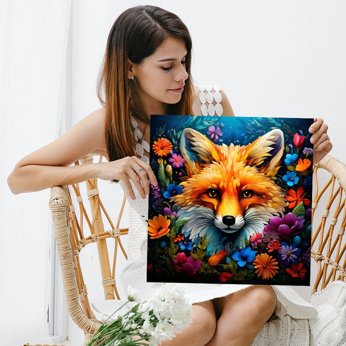 Red Fox Face Colorful Wildflowers Vivid Botanical Animal Wall Poster - Image 3