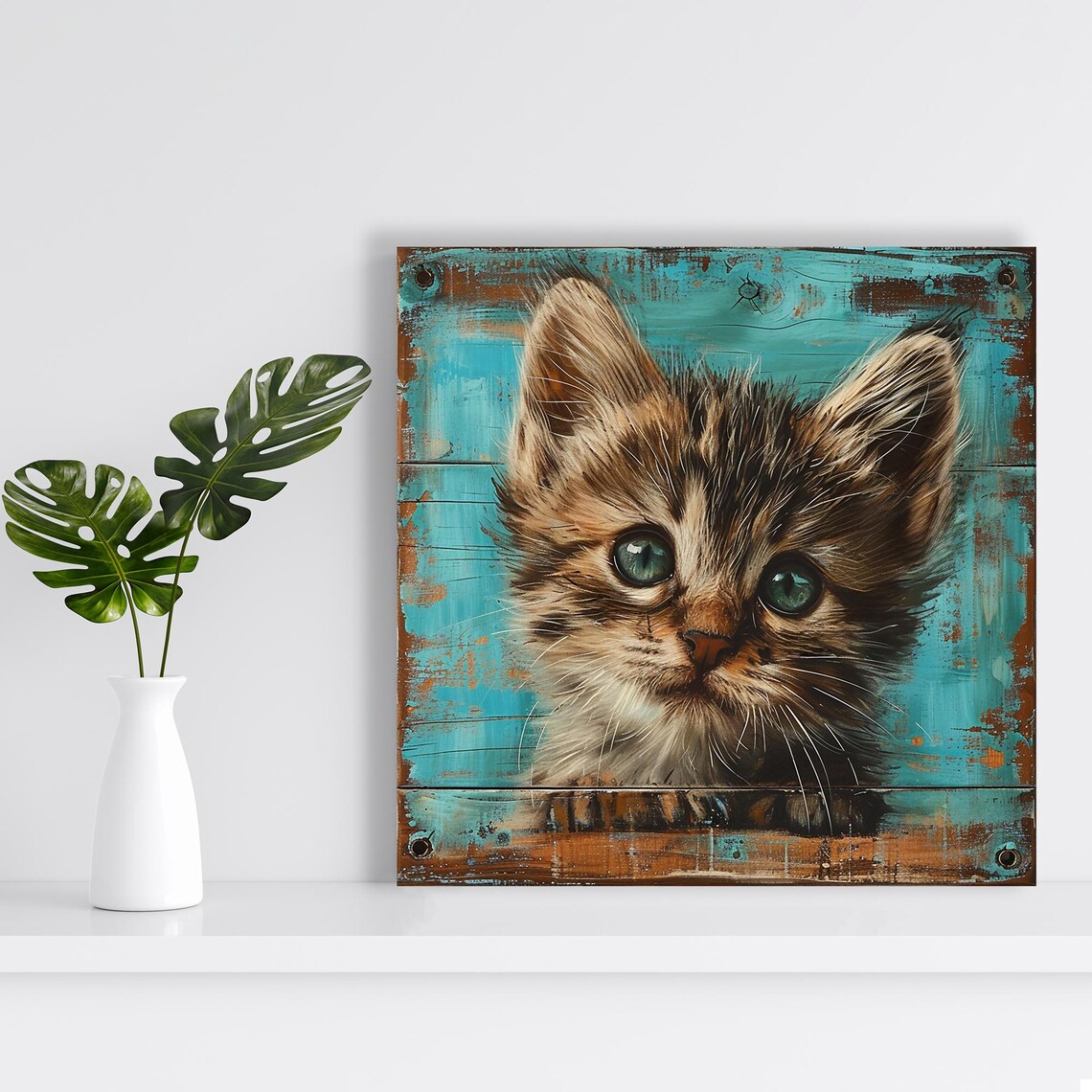 Adorable Tabby Kitten Big Green Eyes Rustic Teal Wood Animal Poster - Image 2