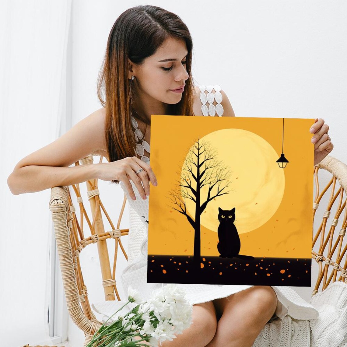 Black Cat Silhouette Under Autumn Moon Minimalist Night Sky Wall Poster - Image 3