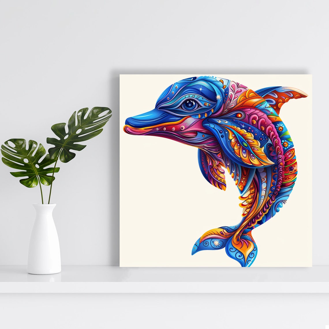 Psychedelic Floral Dolphin Blue Pink Orange Boho Ocean Art Poster - Image 2