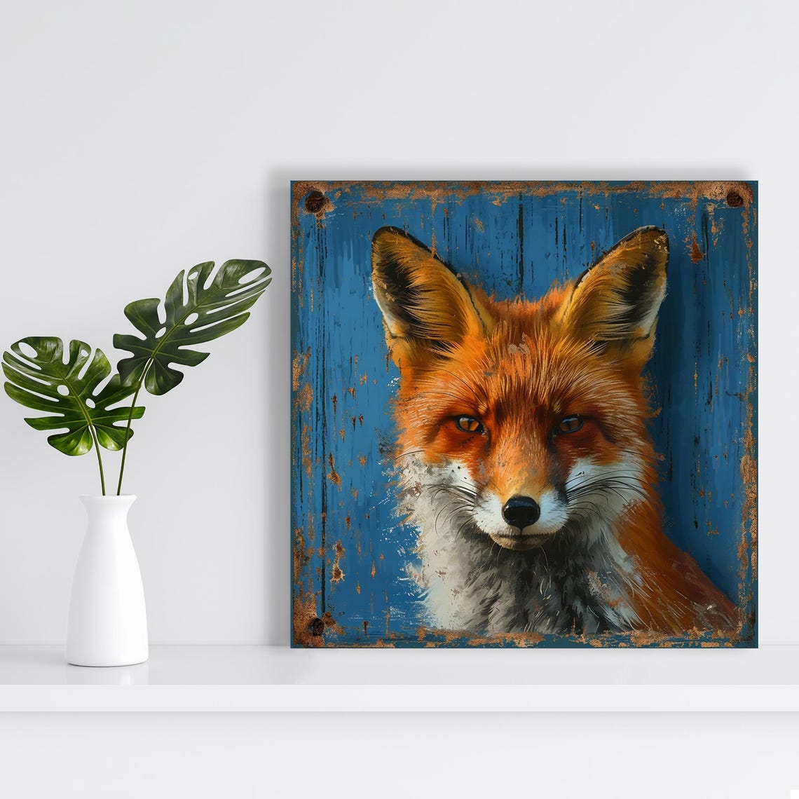 Red Fox Portrait On Distressed Blue Wood Rustic Nature Wall Poster - Image 2