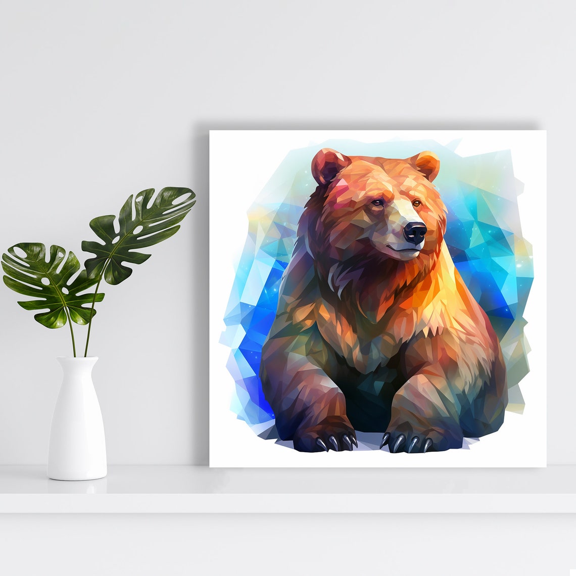 Geometric Low Poly Grizzly Bear Orange Blue Abstract Art Print Poster - Image 2