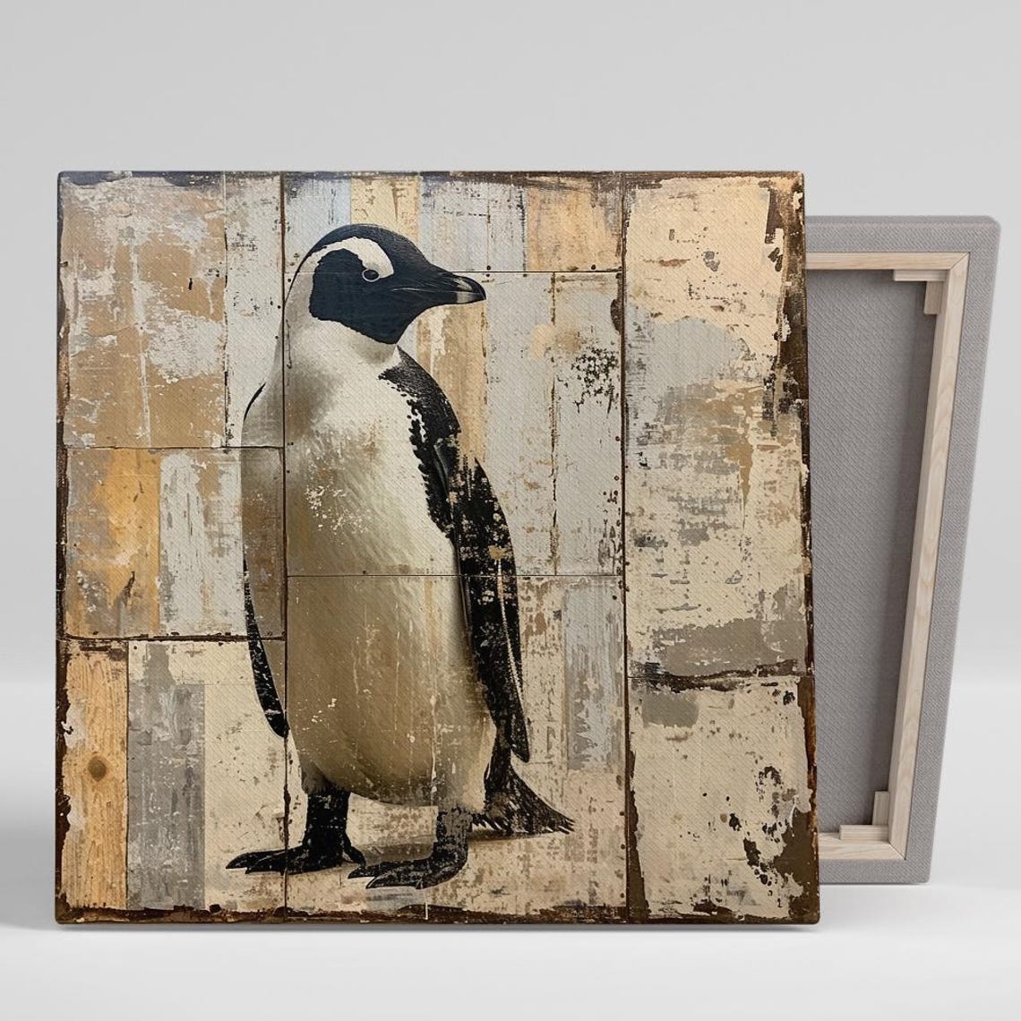 Rustic Penguin on Distressed Wood Panel Coastal Farmhouse Style Poster