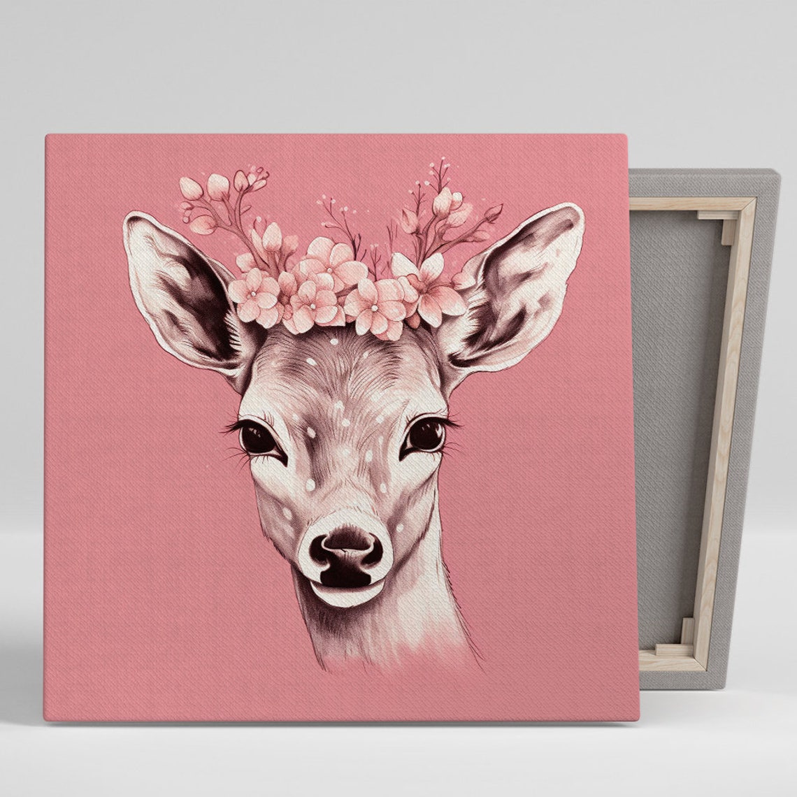 Baby Deer Floral Crown Pink Cherry Blossom Nursery Fantasy Wall Poster