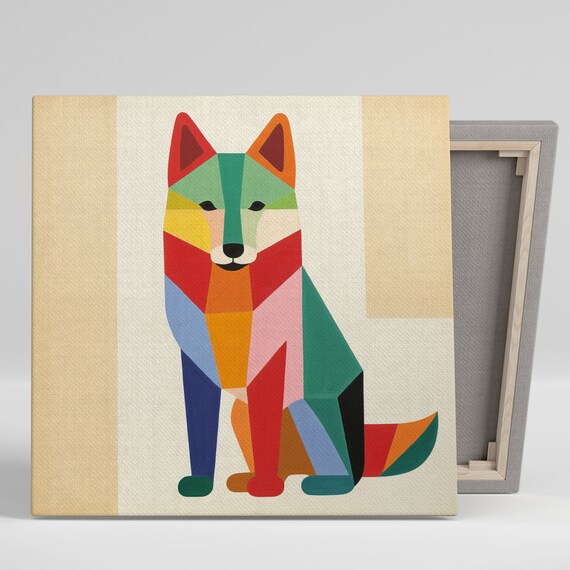 Colorful Geometric Patchwork Fox Sitting Modern Nursery Animal Poster